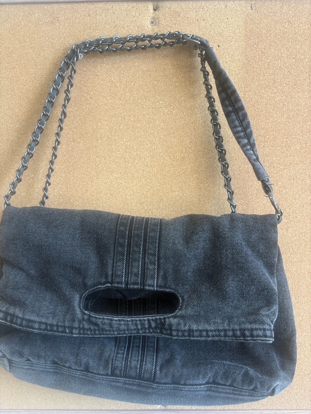 Washed Charcoal Denim Shoulder Bag with Chain Strap